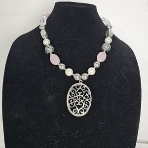Heart Scroll Pendant Necklace Pink White Silver Tone Stones